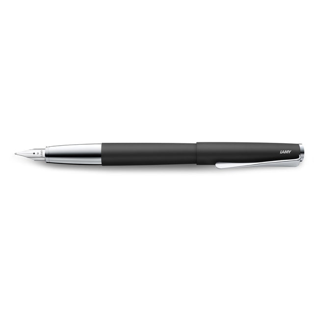 Lamy Studio Fountain Pen in matte black with extra fine nib, featuring a unique design and propeller-shaped chrome clip.