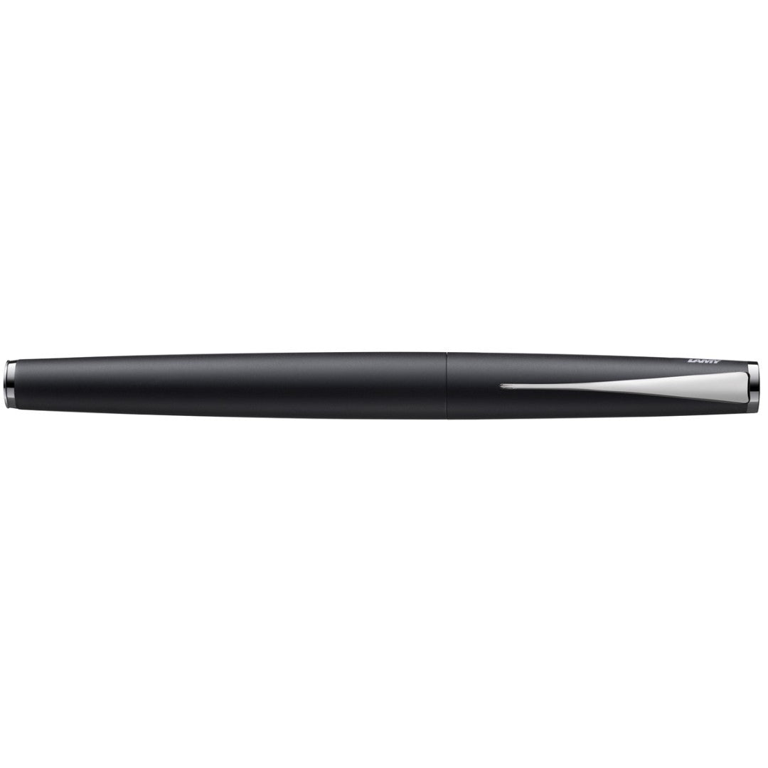 Matte black Lamy Studio Fountain Pen with extra fine nib, featuring a chrome clip and elegant torpedo shape for precise writing.