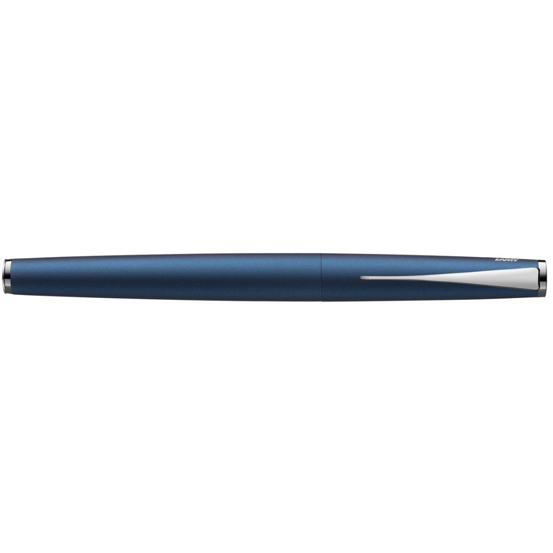 Lamy Studio Fountain Pen in Imperial Blue, featuring an Extra Fine Nib and unique chrome clip for stylish, comfortable writing.