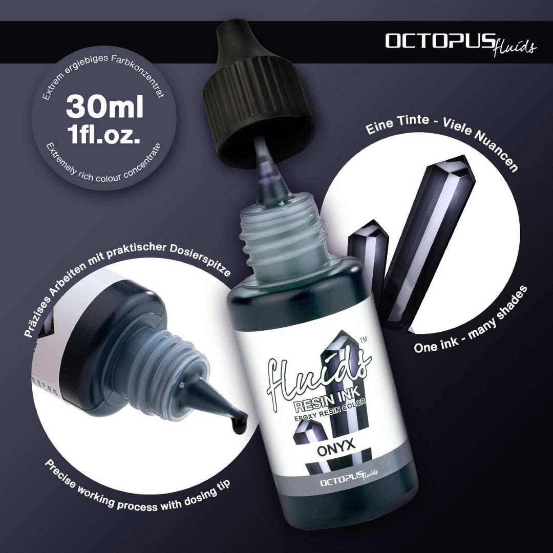 Octopus Fluids Onyx Black Resin Ink 30ml for vibrant coloring in resin art projects, ideal for artists and DIY enthusiasts.