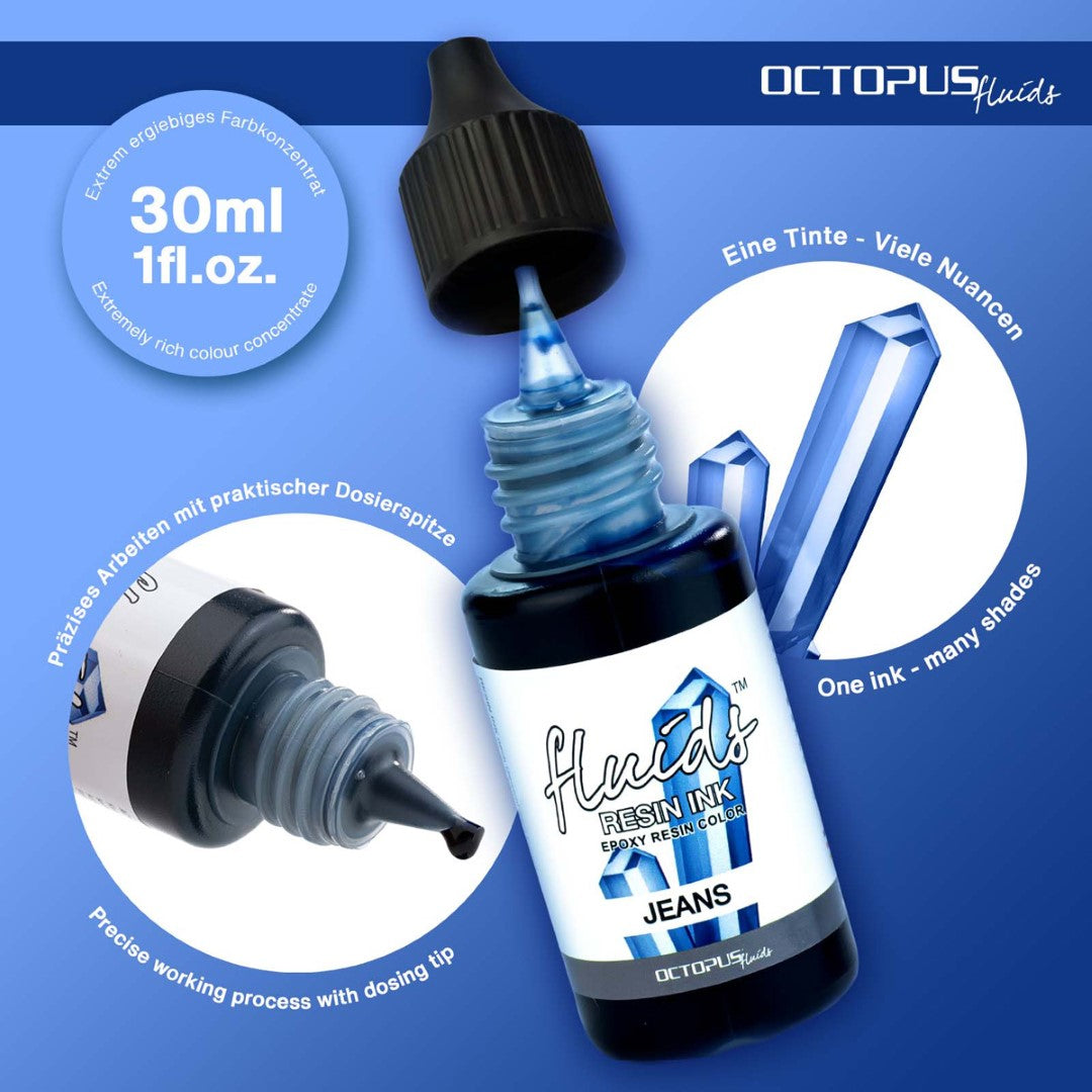 Vibrant jeans blue resin ink in a 30ml bottle, perfect for coloring various resin types and creating stunning art.