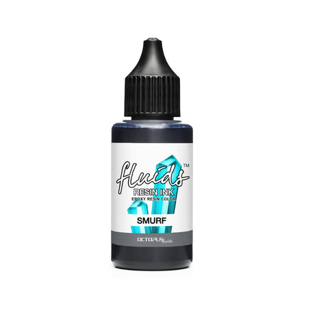 Bottle of Octopus Fluids Resin Ink in Smurf Blue, a 30ml alcohol-based color concentrate for vibrant resin art.