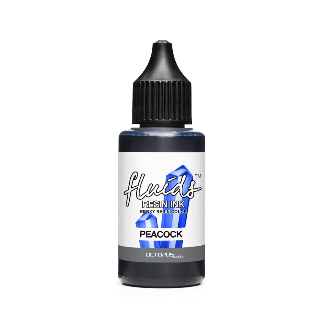 Vibrant Peacock Blue Octopus Fluids Resin Ink in a 30ml bottle, perfect for enriching resin and craft projects.