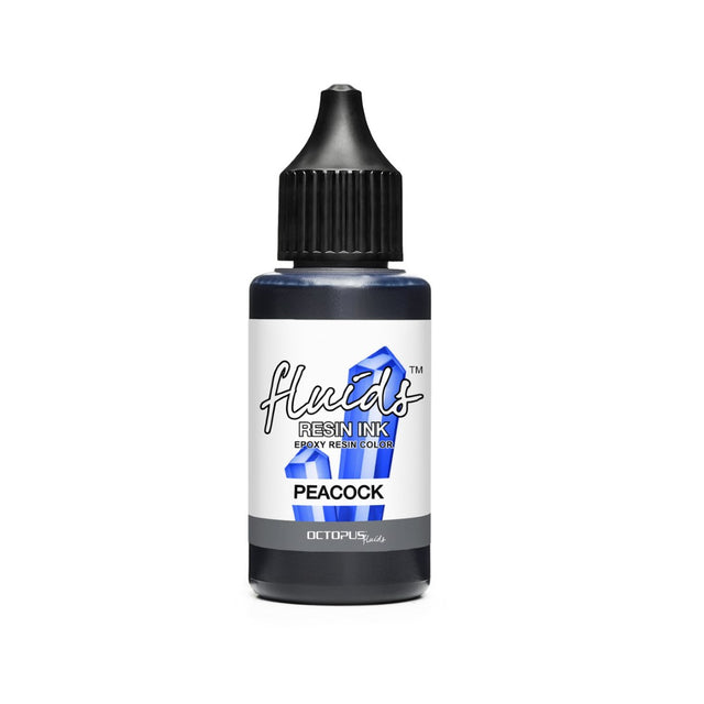 Vibrant Peacock Blue Octopus Fluids Resin Ink in a 30ml bottle, perfect for enriching resin and craft projects.