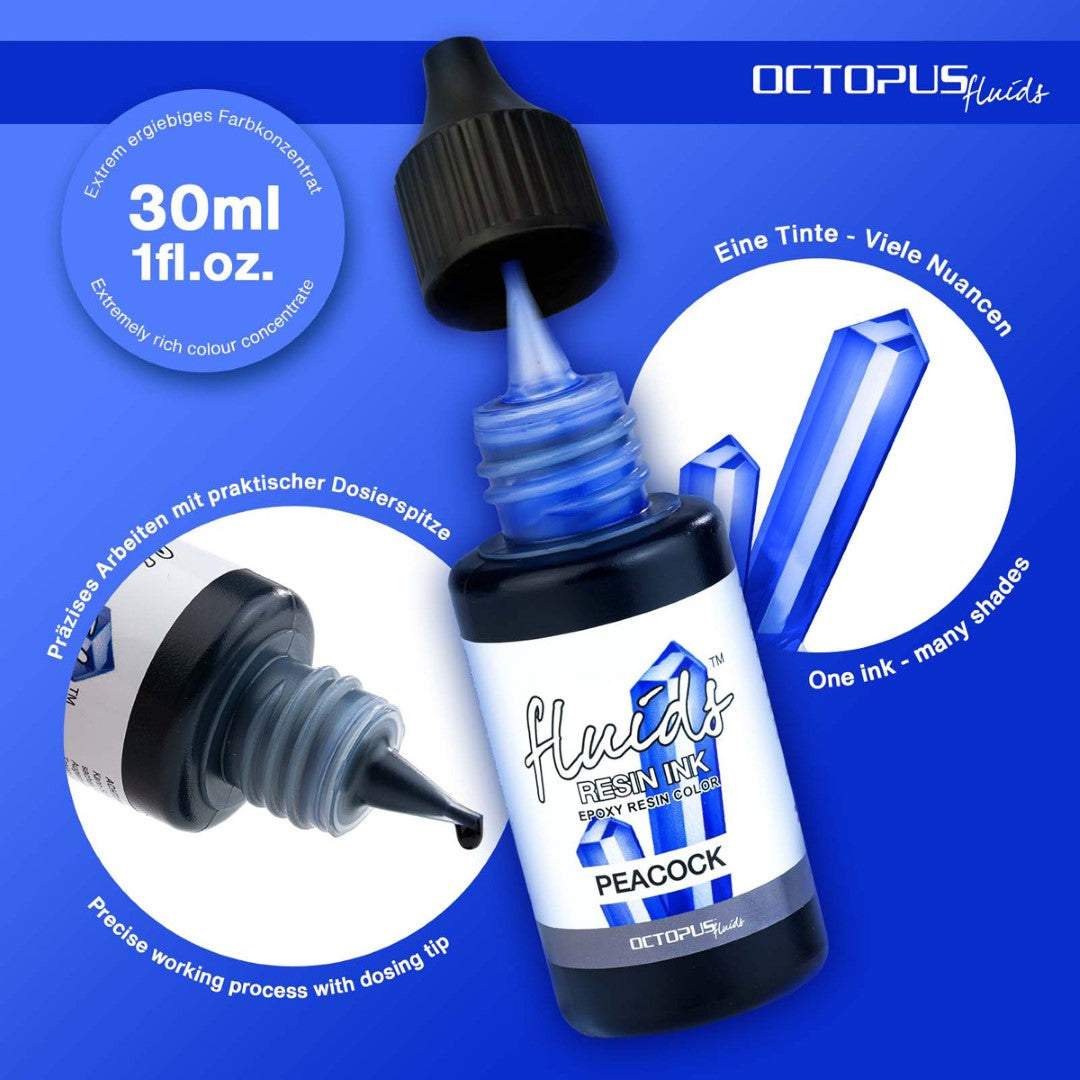 Vibrant 30ml bottle of Octopus Fluids Peacock Blue Resin Ink for enhancing epoxy, UV, and acrylic resin projects.