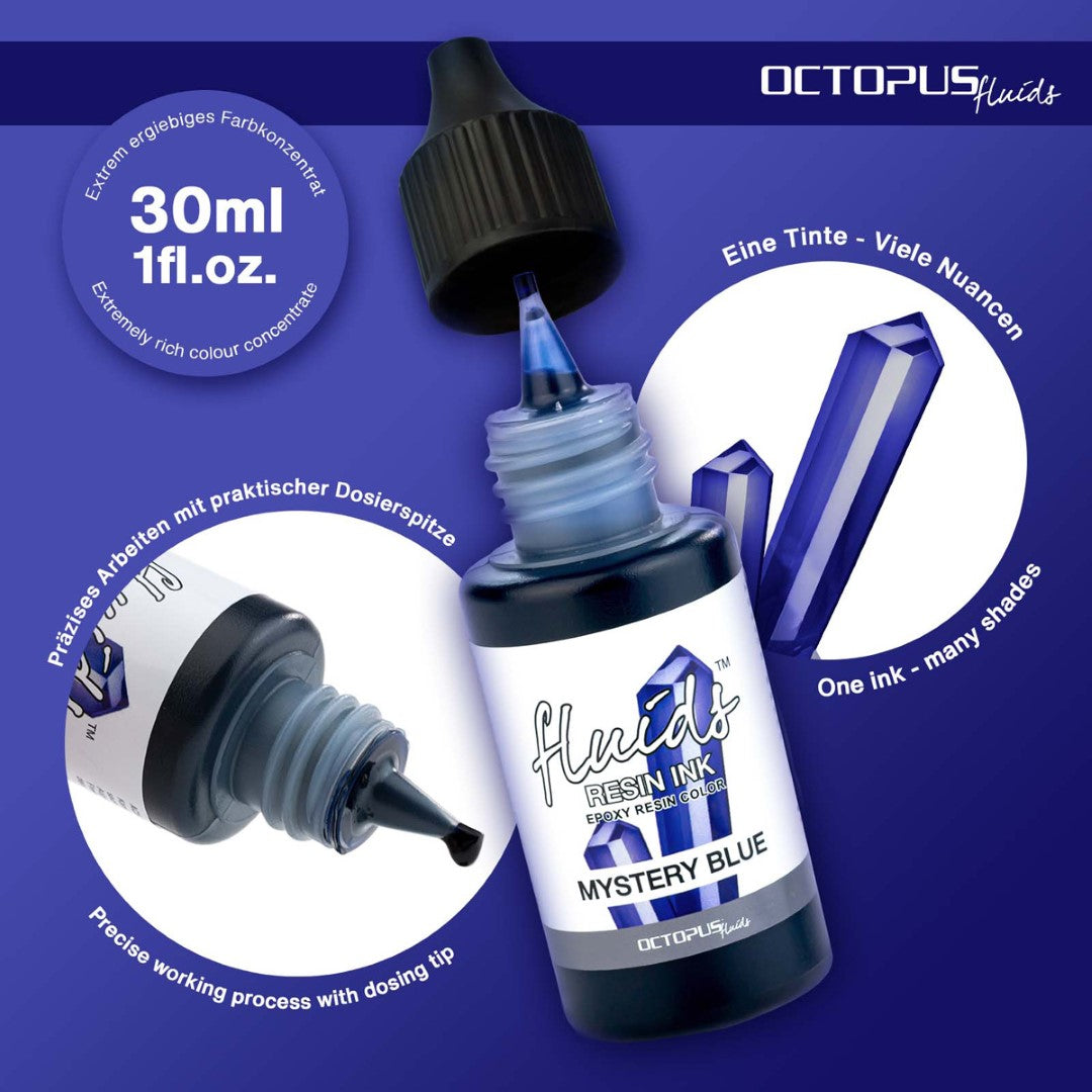 30ml bottle of Octopus Fluids Resin Ink in Mystery Blue, ideal for vibrant resin art and crafts with deep ocean hues.