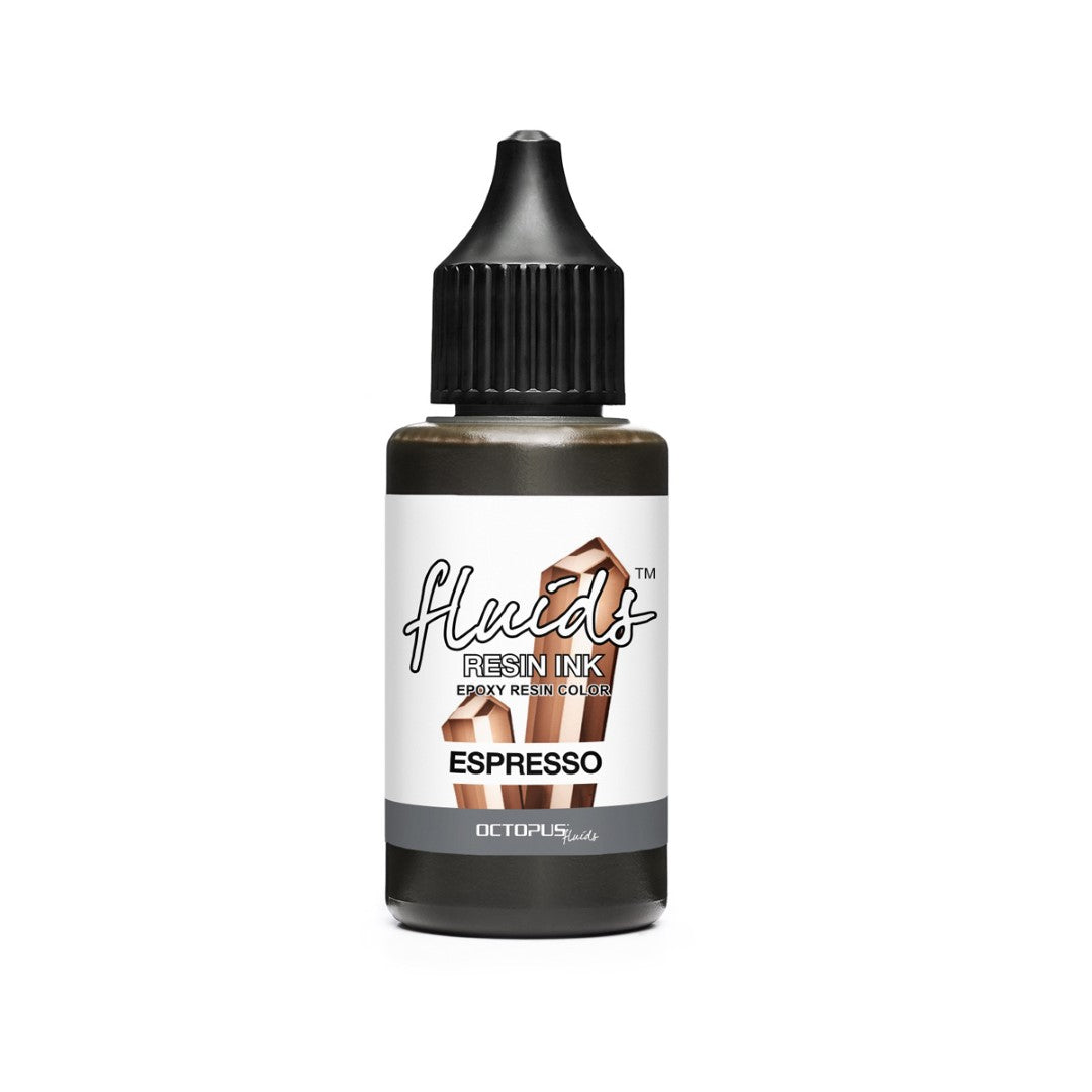 Octopus Fluids Resin Ink in Espresso Brown, 30ml bottle for vibrant resin art, ideal for jewelry and coasters.