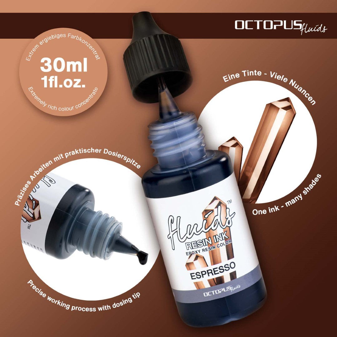 Octopus Fluids Espresso Brown Resin Ink in 30ml, perfect for enhancing resin art with intense color and easy blending.