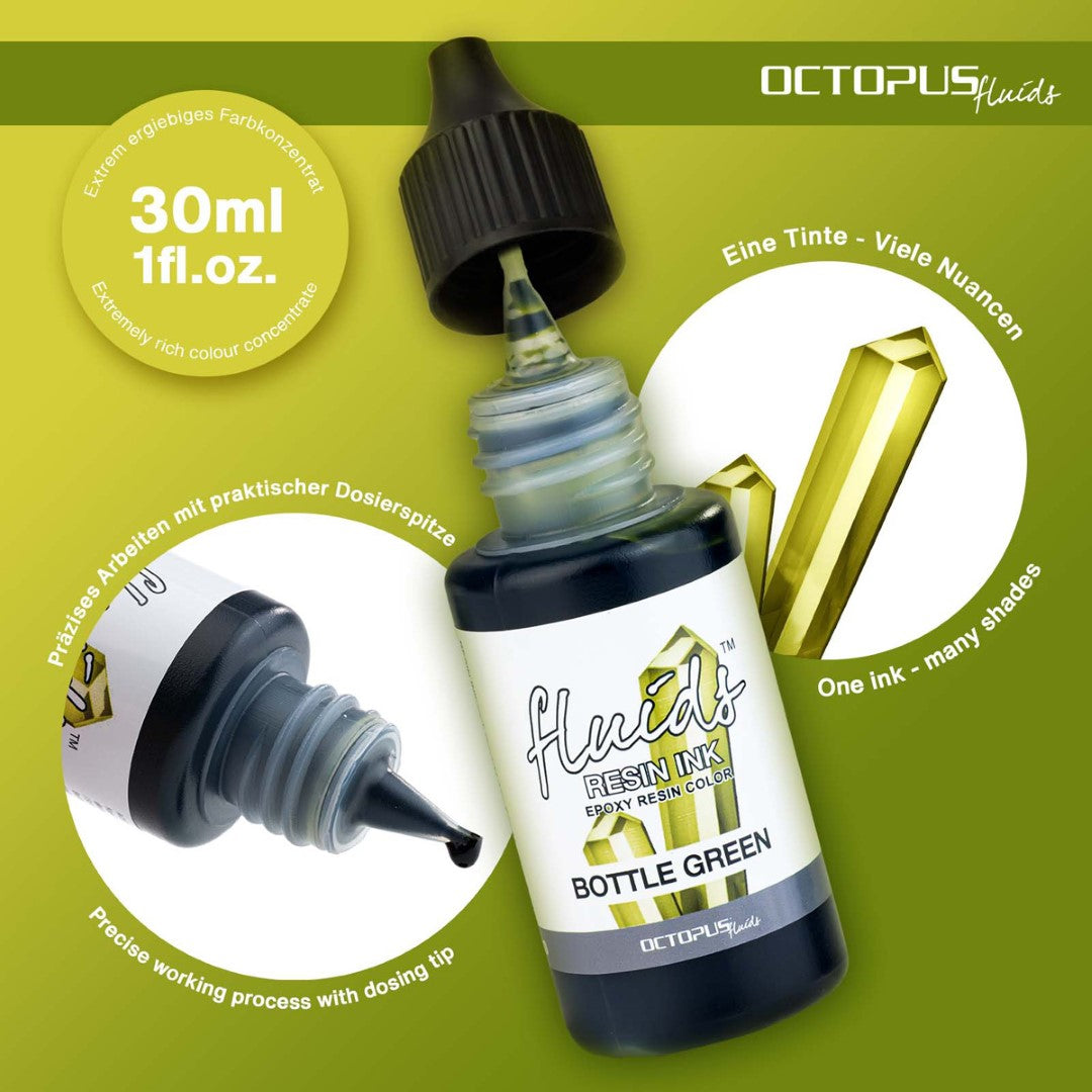 Vibrant green 30ml Octopus Fluids Resin Ink bottle for enhancing resin art and crafts with fast-drying, intense color.