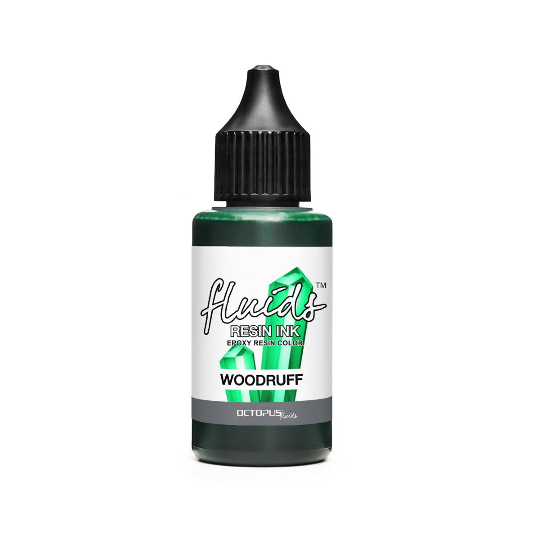 Octopus Fluids Woodruff Green resin ink in 30ml bottle, ideal for vibrant epoxy and resin art projects.