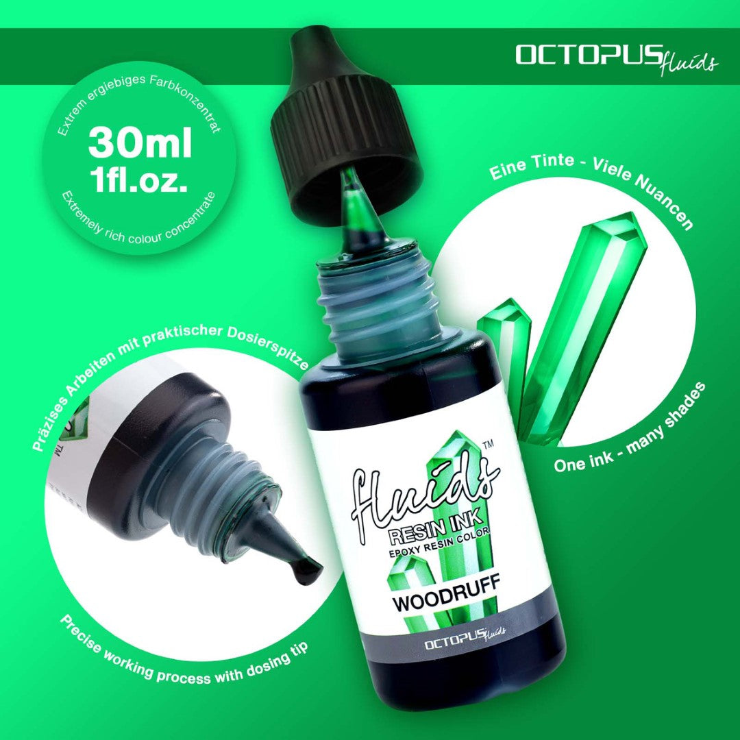 Octopus Fluids Woodruff Green resin ink in a 30ml bottle, ideal for vibrant epoxy and resin art projects.