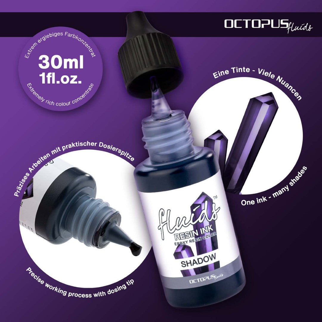 Octopus Fluids Shadow Grey Resin Ink in a 30ml bottle, ideal for enhancing epoxy and casting resin projects with rich color.