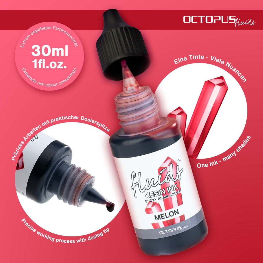 Vibrant Melon Red Octopus Fluids Resin Ink in a 30ml bottle, ideal for enhancing resin art with intense color and fast-drying formula.