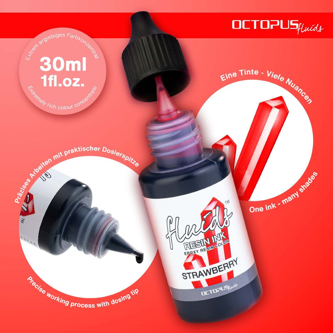 Octopus Fluids Strawberry Red Resin Ink, 30ml, vibrant alcohol-based color for resin art, ideal for jewelry and coasters.