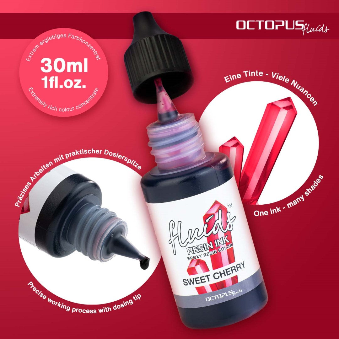 Bottle of Octopus Fluids Sweet Cherry Red Resin Ink, 30ml, vibrant alcohol-based ink for coloring various resins and creative projects.