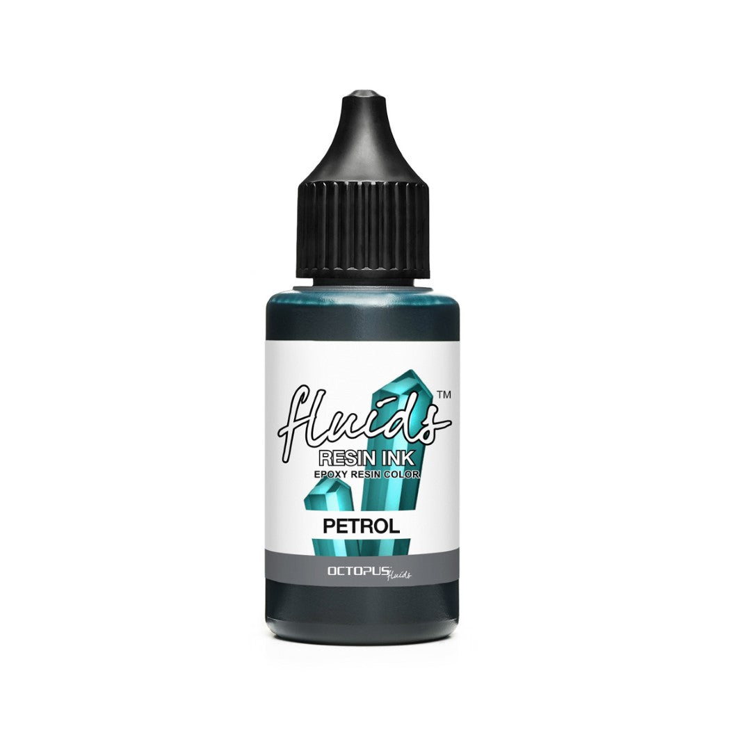 Vibrant Petrol Turquoise Octopus Fluids Resin Ink in a 30ml bottle, ideal for coloring various resin projects.