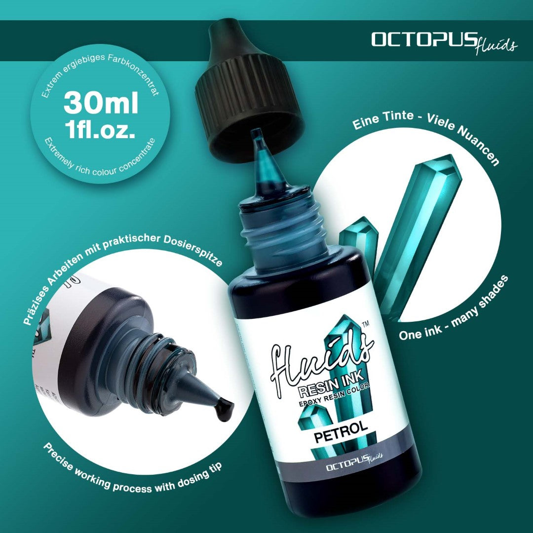 Petrol Turquoise 30ml resin ink for vibrant coloring in epoxy, UV, and acrylic resin crafts; fast-drying and highly pigmented.