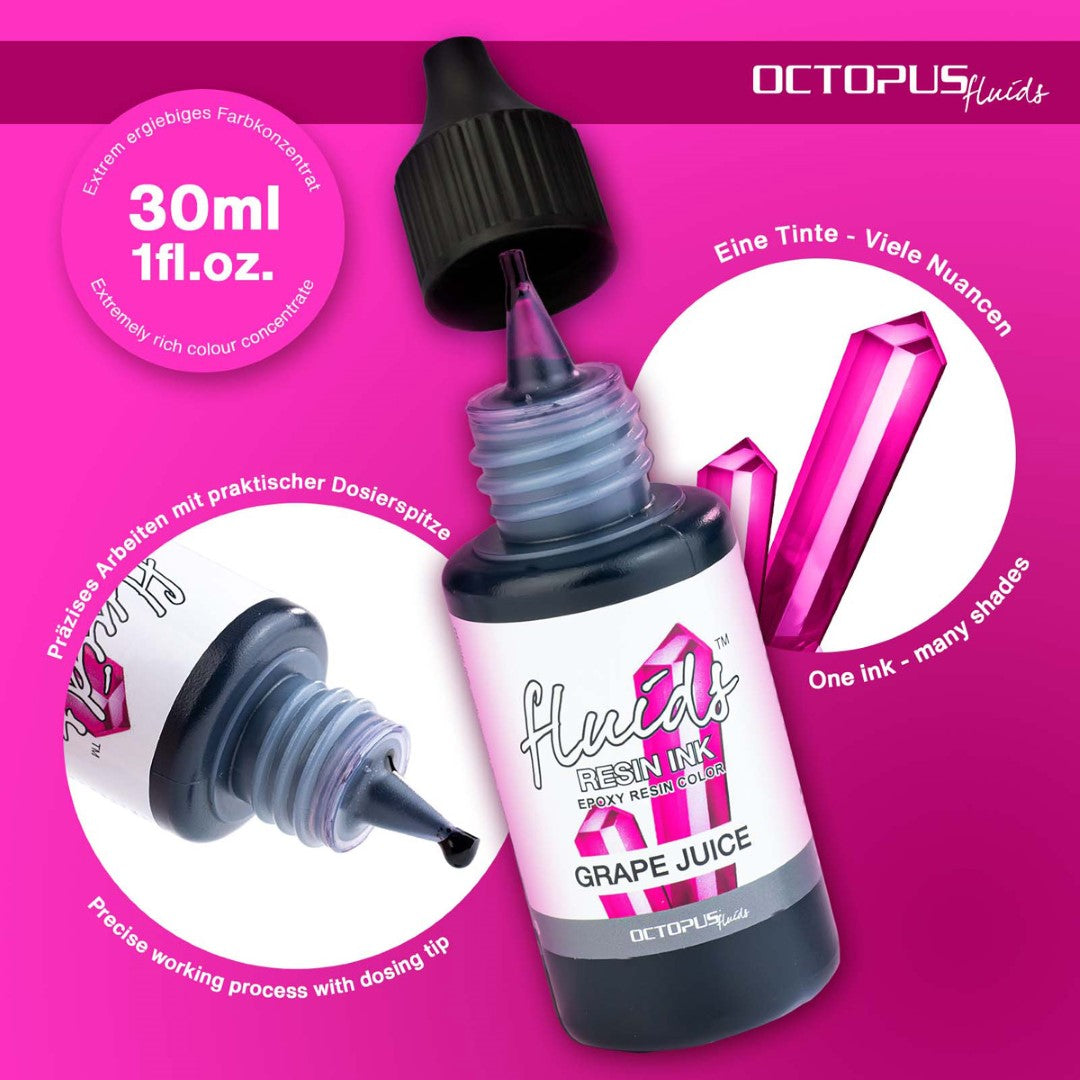 Vibrant Grape Juice Violet resin ink in a 30ml bottle, perfect for enhancing various resin art projects.