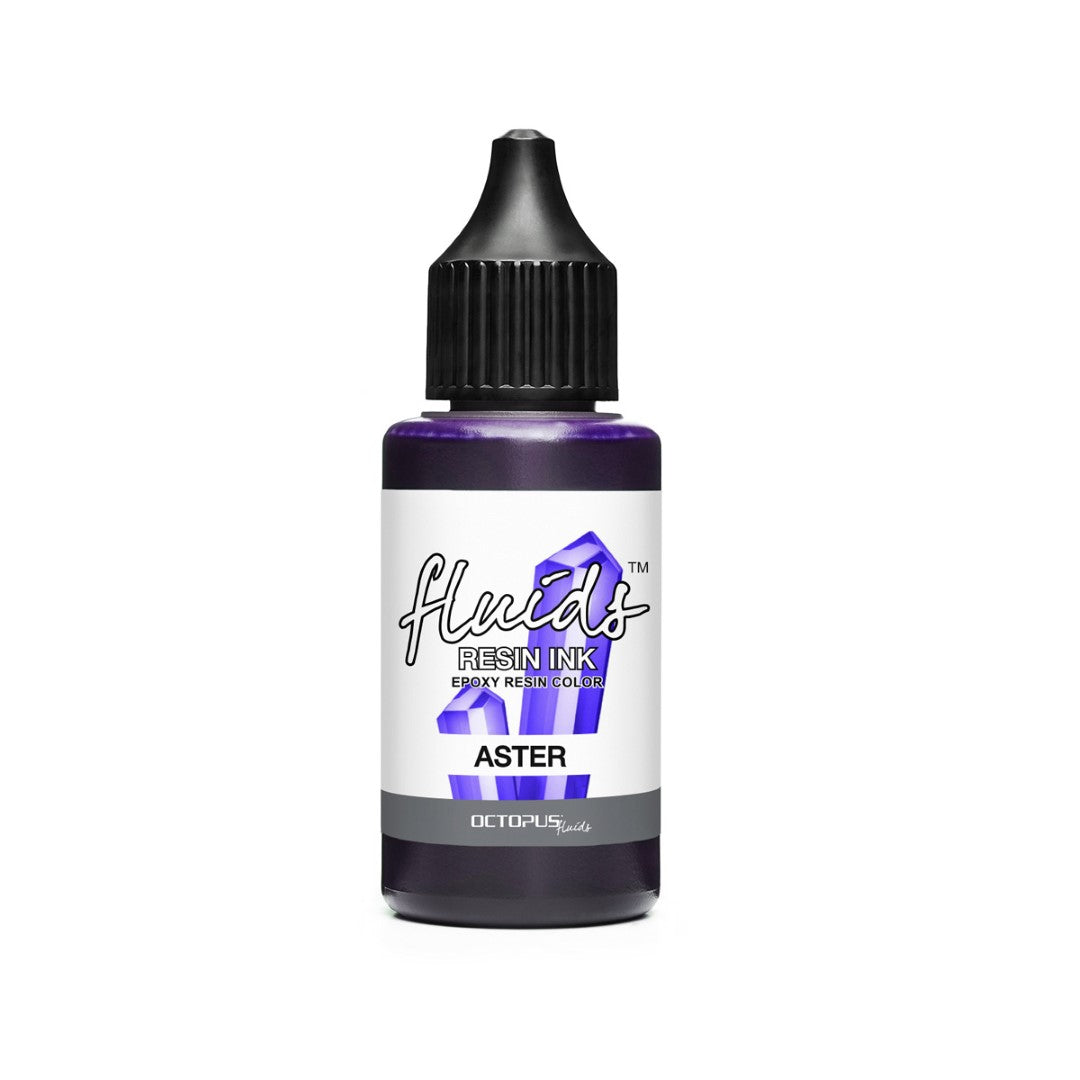 Bottle of Octopus Fluids Aster Violet 30ml resin ink, vibrant fast-drying color for crafting stunning resin art projects.