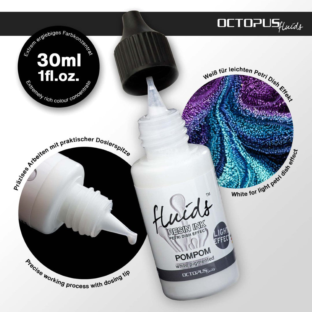 Octopus Fluids Pompom White Resin Ink in a 30ml bottle, ideal for vibrant petri dish art and resin crafting.