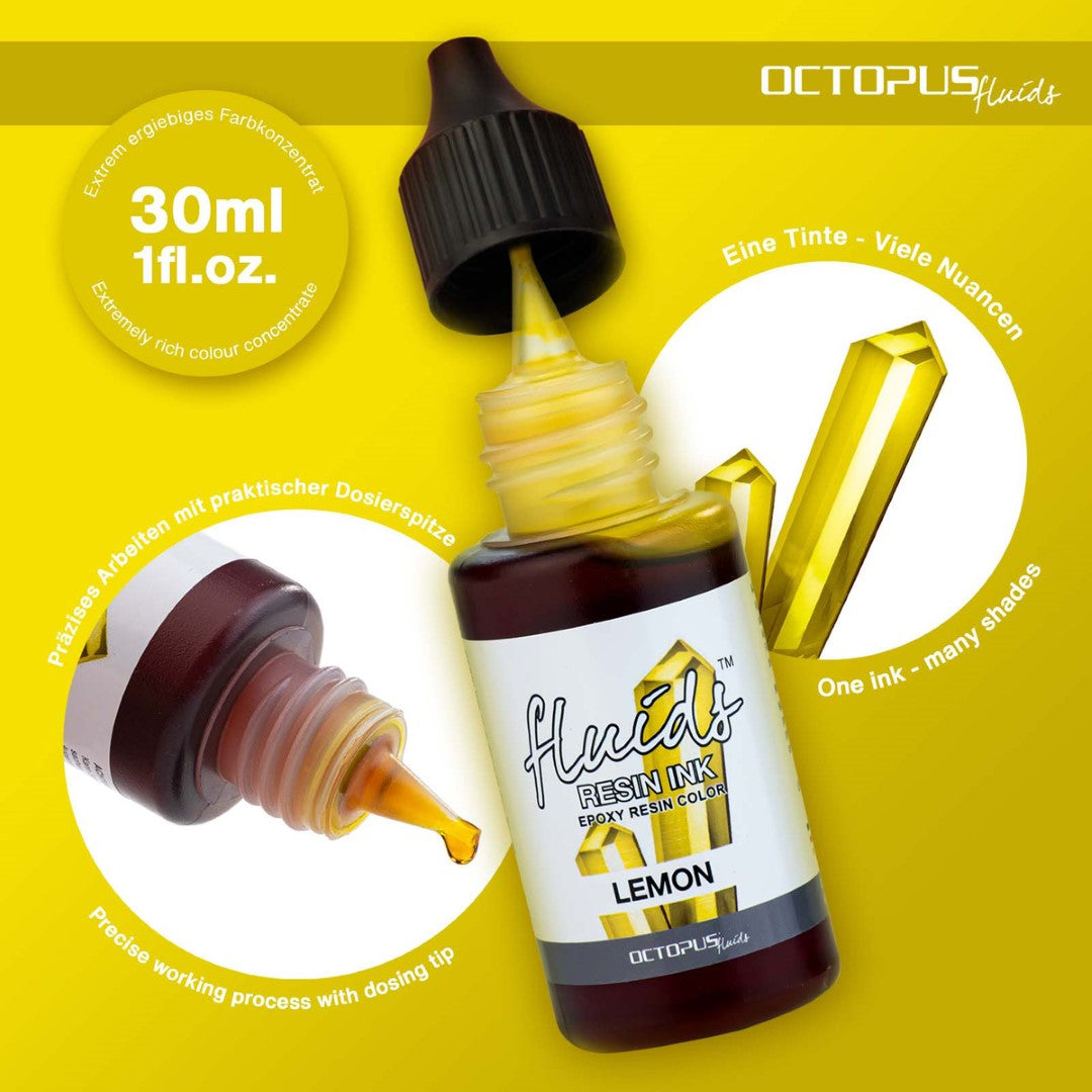 Vibrant 30ml Lemon Yellow resin ink for crafting, ideal for jewelry, coasters, and petri dish art. Fast-drying and pigmented.