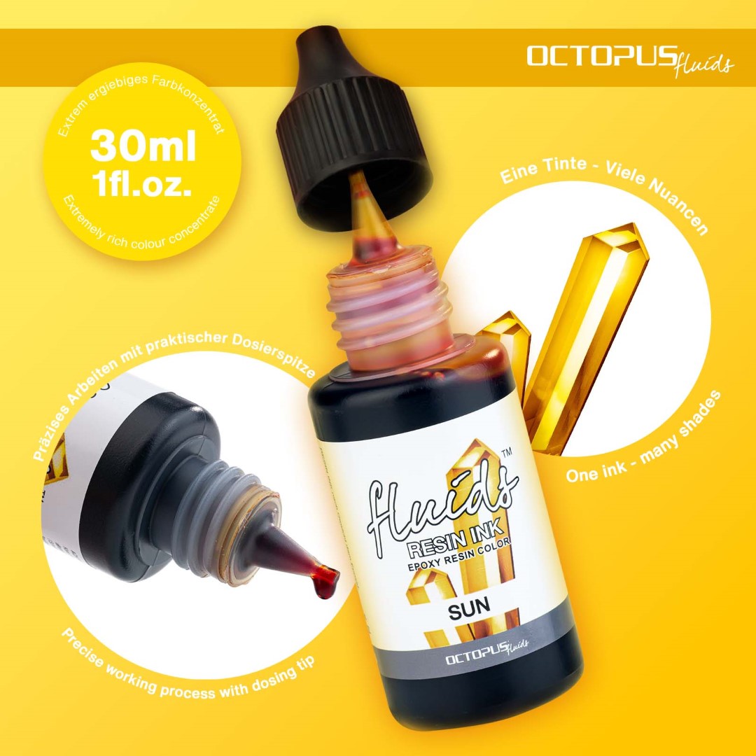 Vibrant Sun Yellow 30ml resin ink for creating stunning resin art, perfect for jewelry, coasters, and petri dish designs.