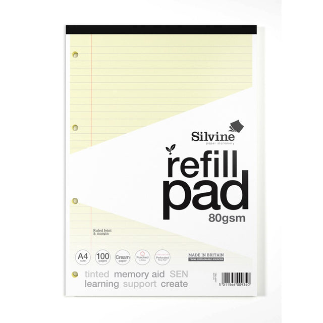 Silvine A4 refill pad with 100 cream tinted, ruled pages, ideal for writing, note-taking, and sketching with easy page removal.