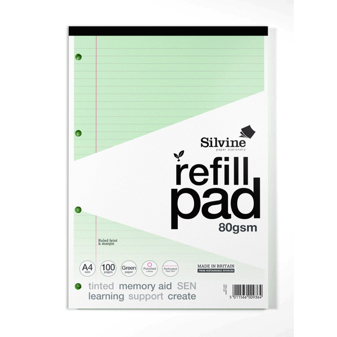 Silvine A4 tinted refill pad with 100 lined pages, featuring soft green tint, margin, and easy-remove perforation.