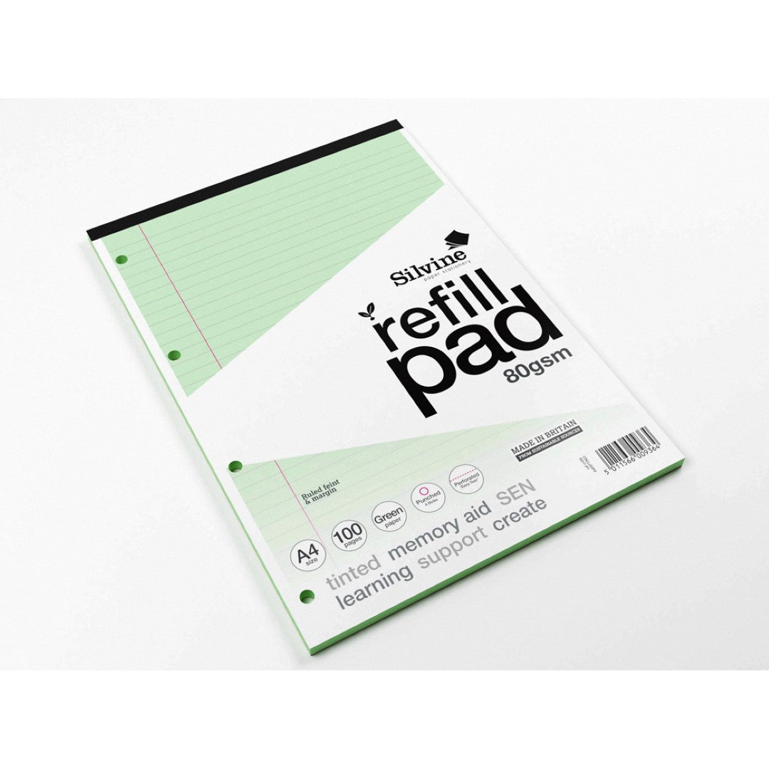 Silvine A4 refill pad with 100 green tinted pages, 8mm ruled lines, margin, and easy removal for organized note-taking.