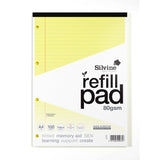 Silvine A4 tinted refill pad with 100 yellow pages, 8mm ruled lines, perforated for easy removal, ideal for notes and study.