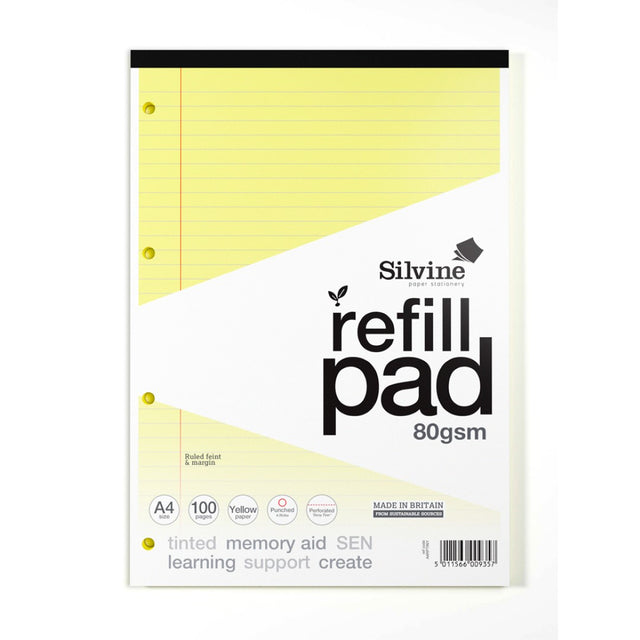 Silvine A4 tinted refill pad with 100 yellow pages, 8mm ruled lines, perforated for easy removal, ideal for notes and study.
