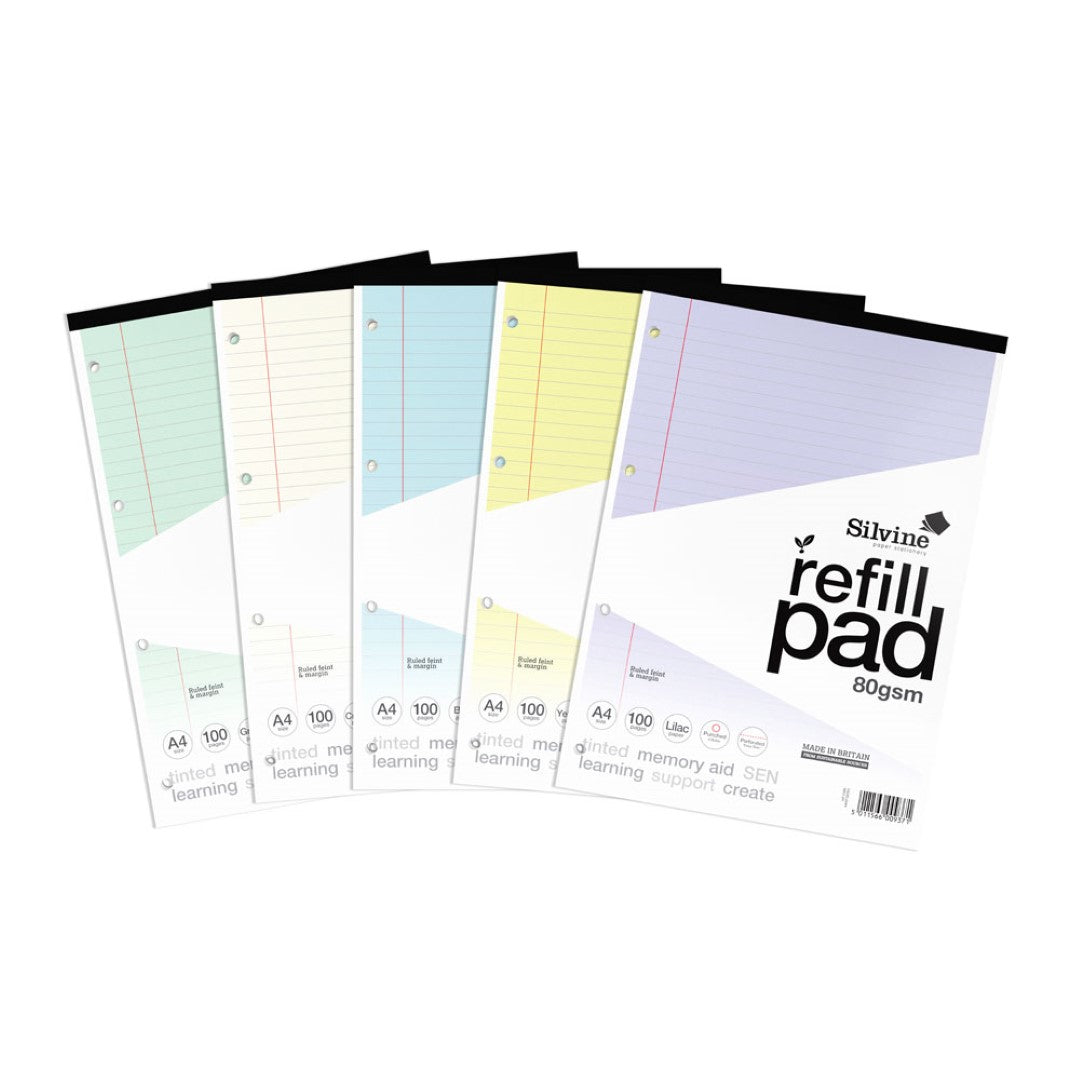 Silvine A4 tinted refill pad with 100 yellow ruled pages, perfect for notes, learning, and easy page removal.