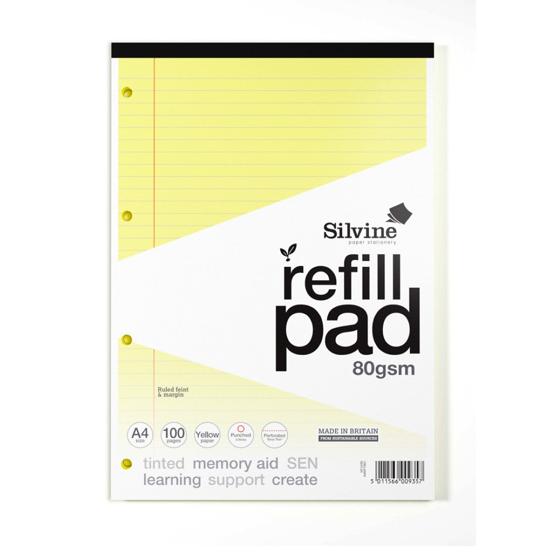 Silvine A4 refill pad featuring 100 yellow tinted, 8mm lined pages with margin for organized note-taking and enhanced memory retention.