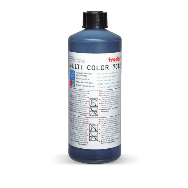 Trodat MCI Ink 500ml in Sky Blue, perfect for vibrant, clear stamping on various surfaces with quick drying and easy cleanup.