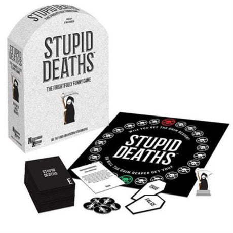 Party game "Stupid Deaths" featuring humorous trivia about bizarre ways people died, perfect for ages 12 and up.