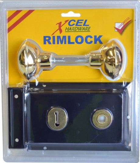 Black double handle rim lock with brass-plated handles, reversible design for secure left or right opening doors.