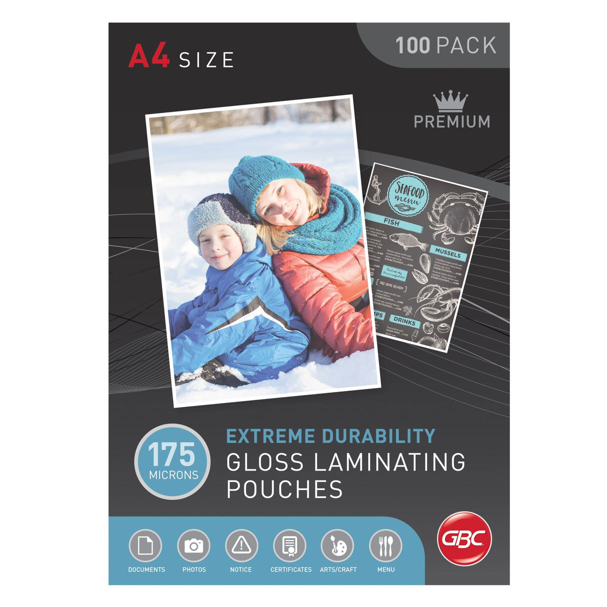GBC LAMINATING POUCH A4 175 MICRON PACK 100