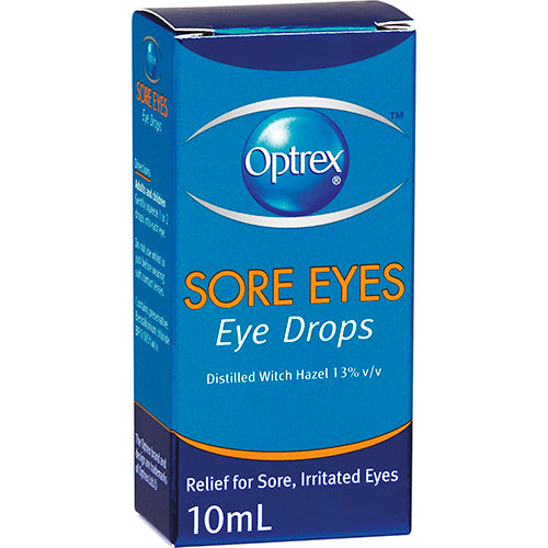 Optrex Sore Eyes Eye Drops: soothing relief for tired, irritated eyes, safe for adults and children. Provides hydration and comfort.