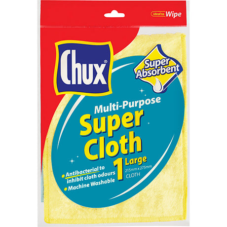 Chux Multi Purpose Large Super Cloth, a versatile cleaning tool with fluffy fibres and antibacterial protection for lasting freshness.