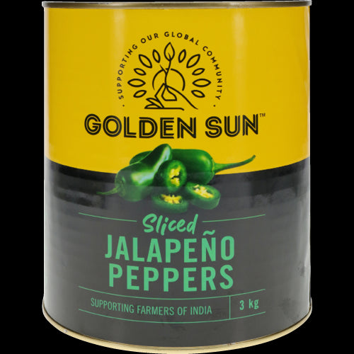 Golden Sun Sliced Jalapeno Peppers in a 3kg package, perfect for spicing up tacos, nachos, and other dishes.