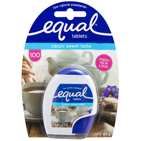 Equal Classic Low Calorie Sweetener Tablets 100pk, ideal for low-calorie sweetness in coffee, tea, and recipes.