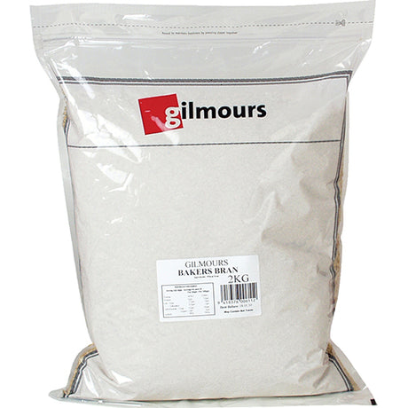 Gilmours Bakers Wheat Bran 2kg bag, a fiber-rich ingredient for baking and healthy recipes, promoting digestive health.