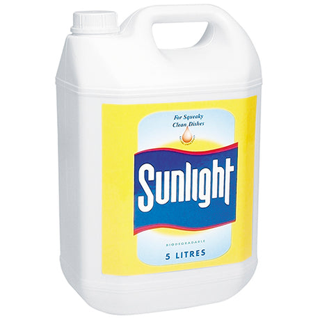 5-liter bottle of Sunlight Dishwash Liquid Lemon, designed for tough grease removal and featuring a fresh lemon scent.