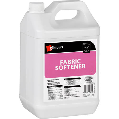 Gilmours Fabric Softener 5L bottle for softening clothes, reducing wrinkles and static, with a long-lasting fresh scent.