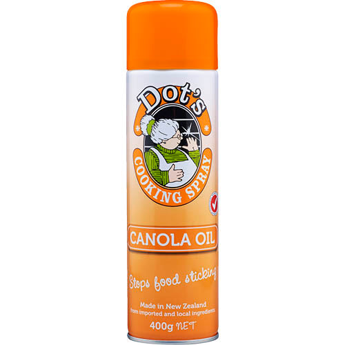 Dot's Canola Oil Cooking Spray 400g in an aerosol can, perfect for healthy frying, baking, and grilling with a non-stick mist.