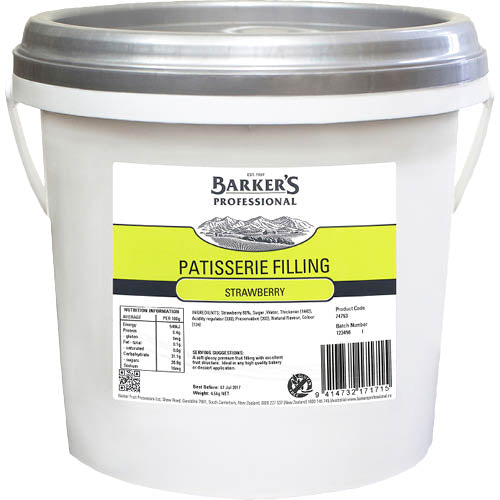 Barker's Strawberry Patisserie Filling 4.5kg, rich strawberry filling perfect for cakes, pastries, and pies. Ideal for bakers.