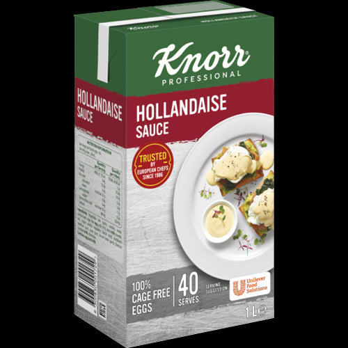 Knorr Hollandaise Sauce 1L bottle, gluten-free, made with cage-free eggs, ideal for creamy dressings and Eggs Benedict.