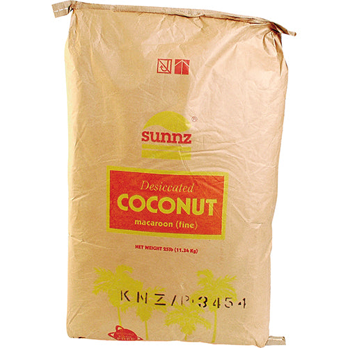 Fine shredded desiccated coconut in a 25lb bulk pack, ideal for baking and cooking with tropical flavor.