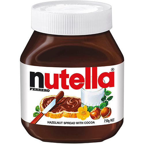 Nutella Hazelnut Spread 750g jar showcasing creamy chocolate and hazelnut blend, perfect for spreads and desserts.