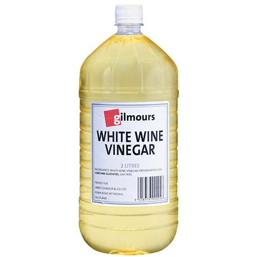 Gilmours White Wine Vinegar 2L bottle, ideal for enhancing flavors in cooking, salads, and marinades.